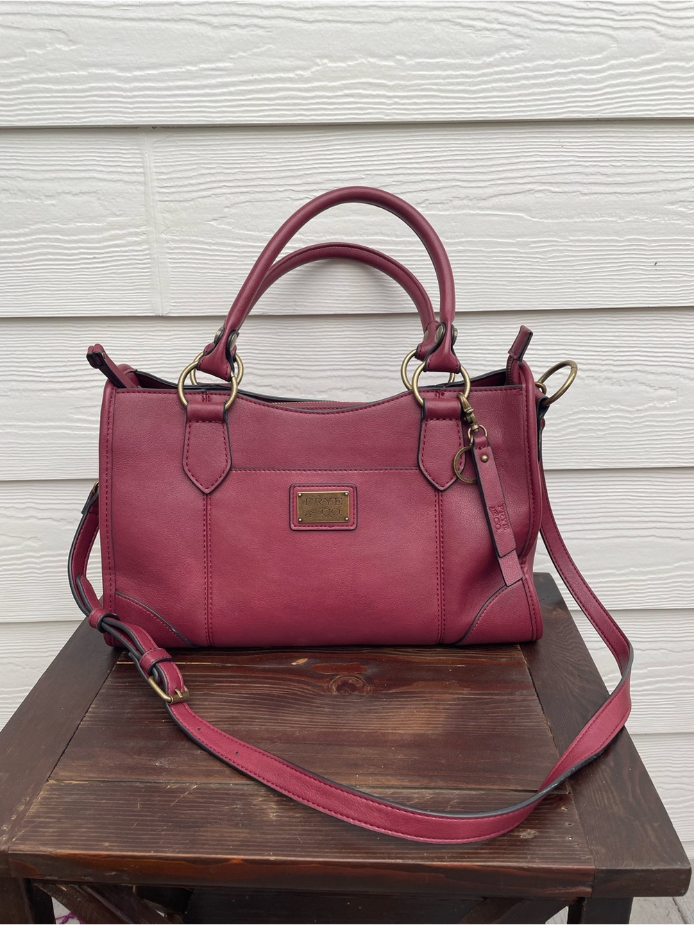 Classic Frye magenta Leather Satchel with Detachable messenger strap